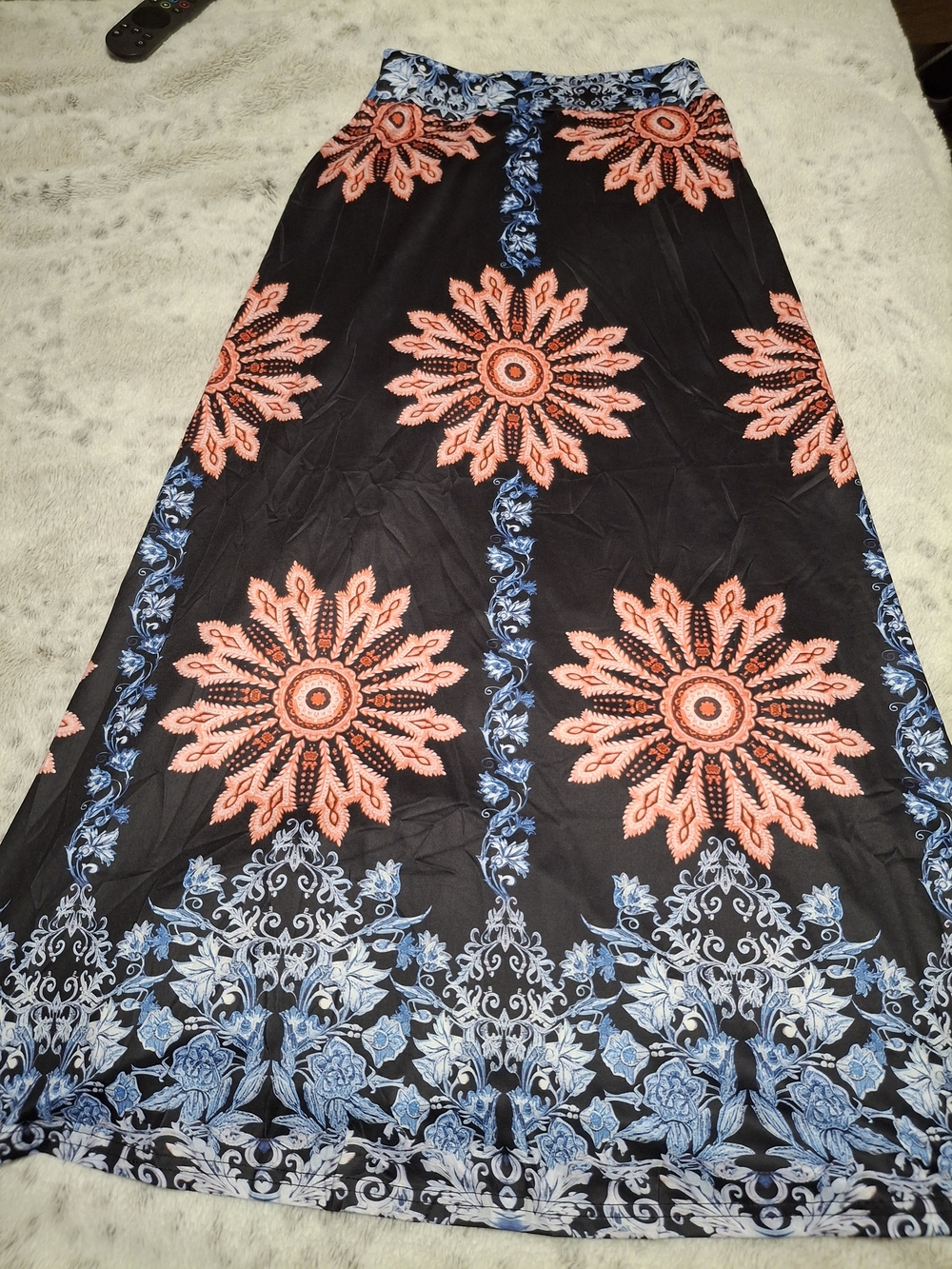 Black Maxi Skirt with Coral Sunburst and Blue Floral Trim